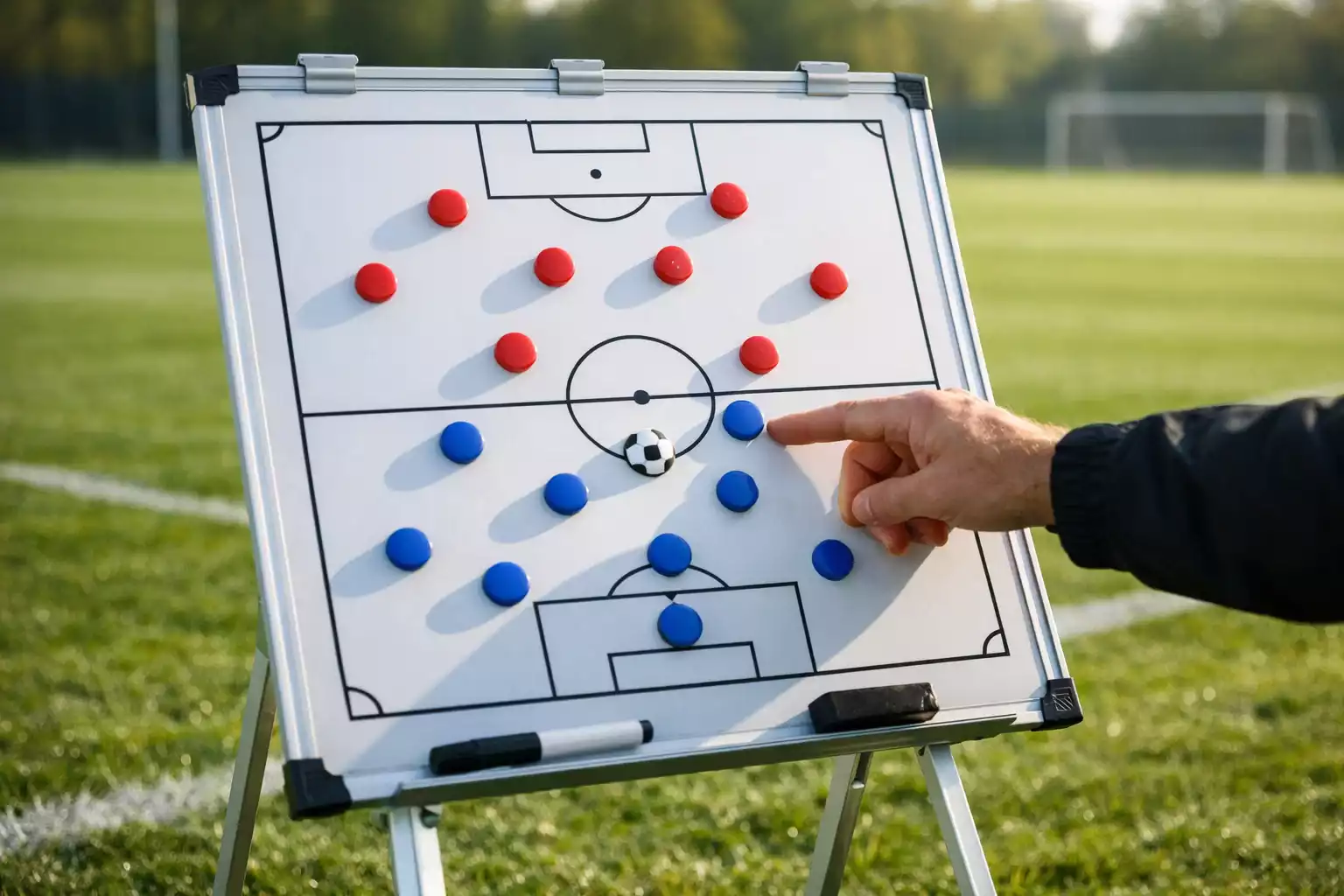 Voetbalveld met tactisch bord en wedstrijdanalyse