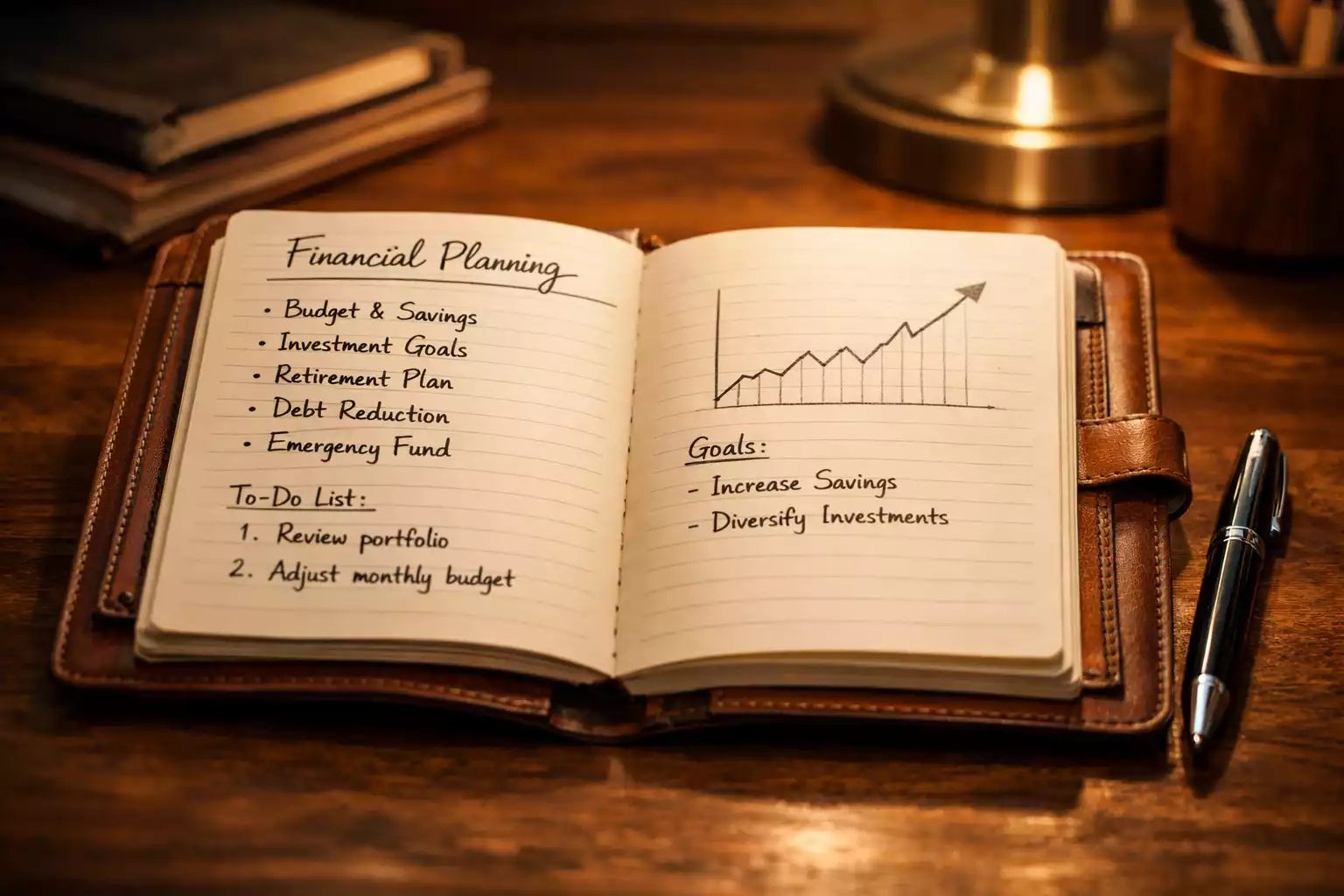 Notitieboek met financiële aantekeningen en een pen op een bureau