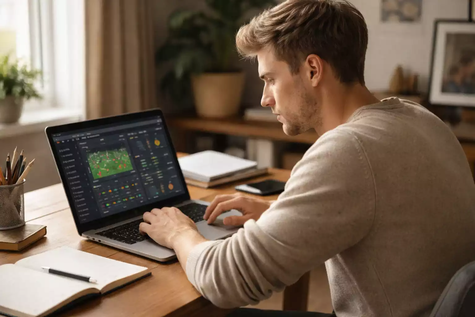 Persoon die voetbalstatistieken bestudeert op een laptop