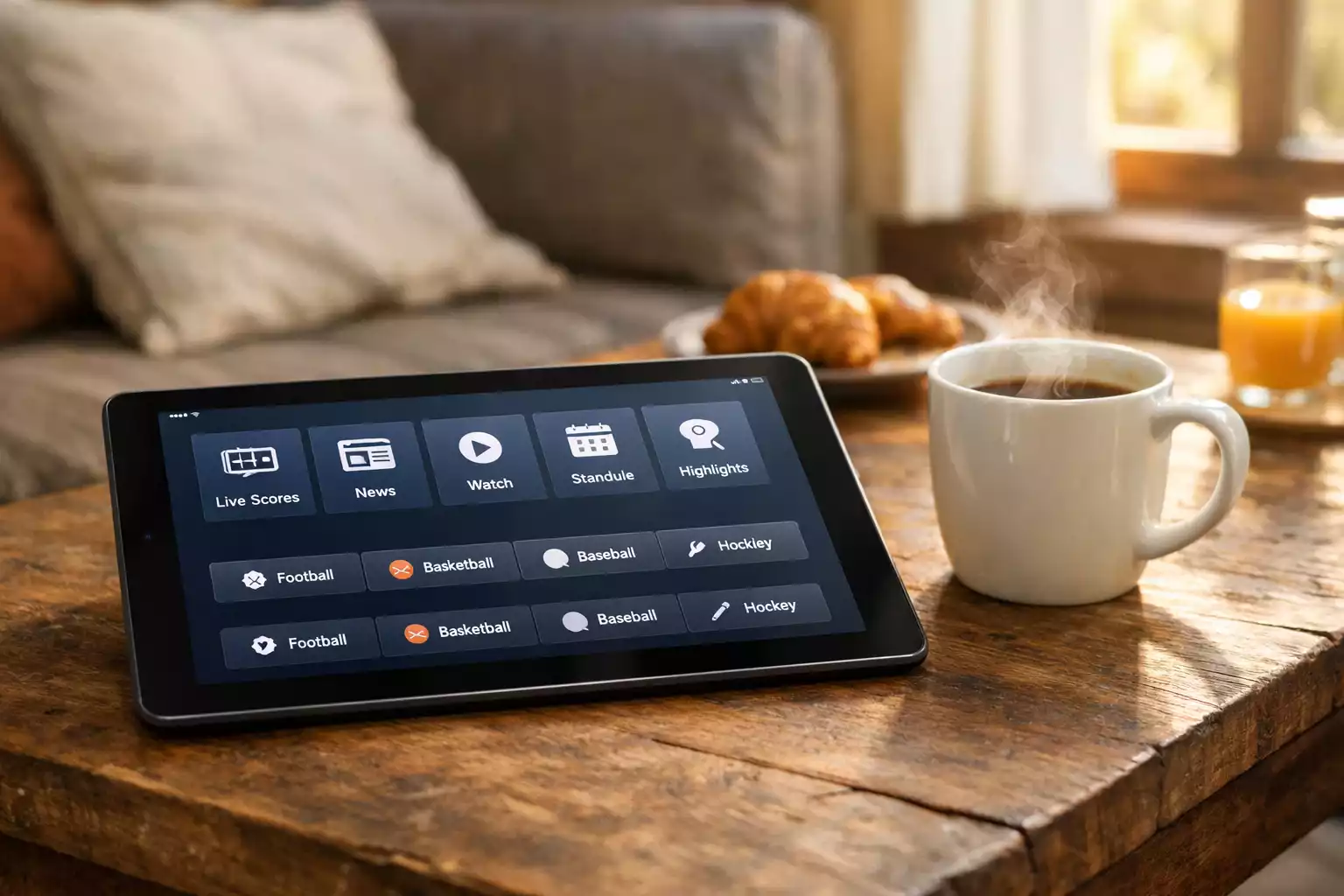 Tablet met sportwedden interface naast koffiekop