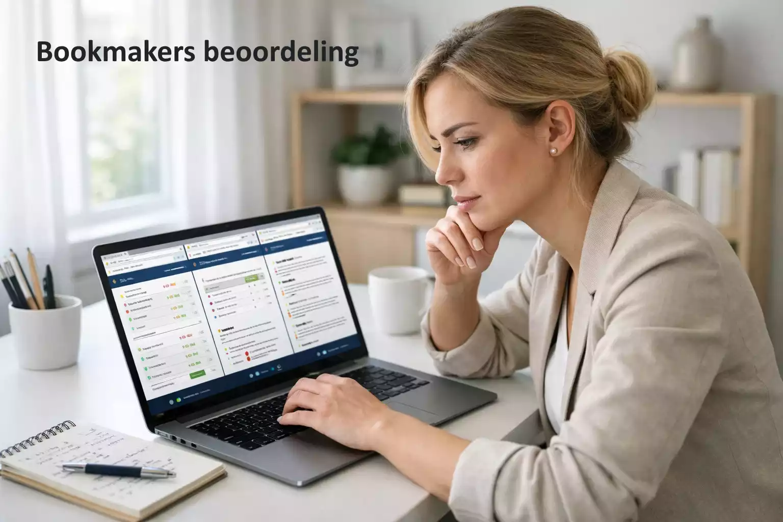 Persoon die bookmaker websites vergelijkt op laptop