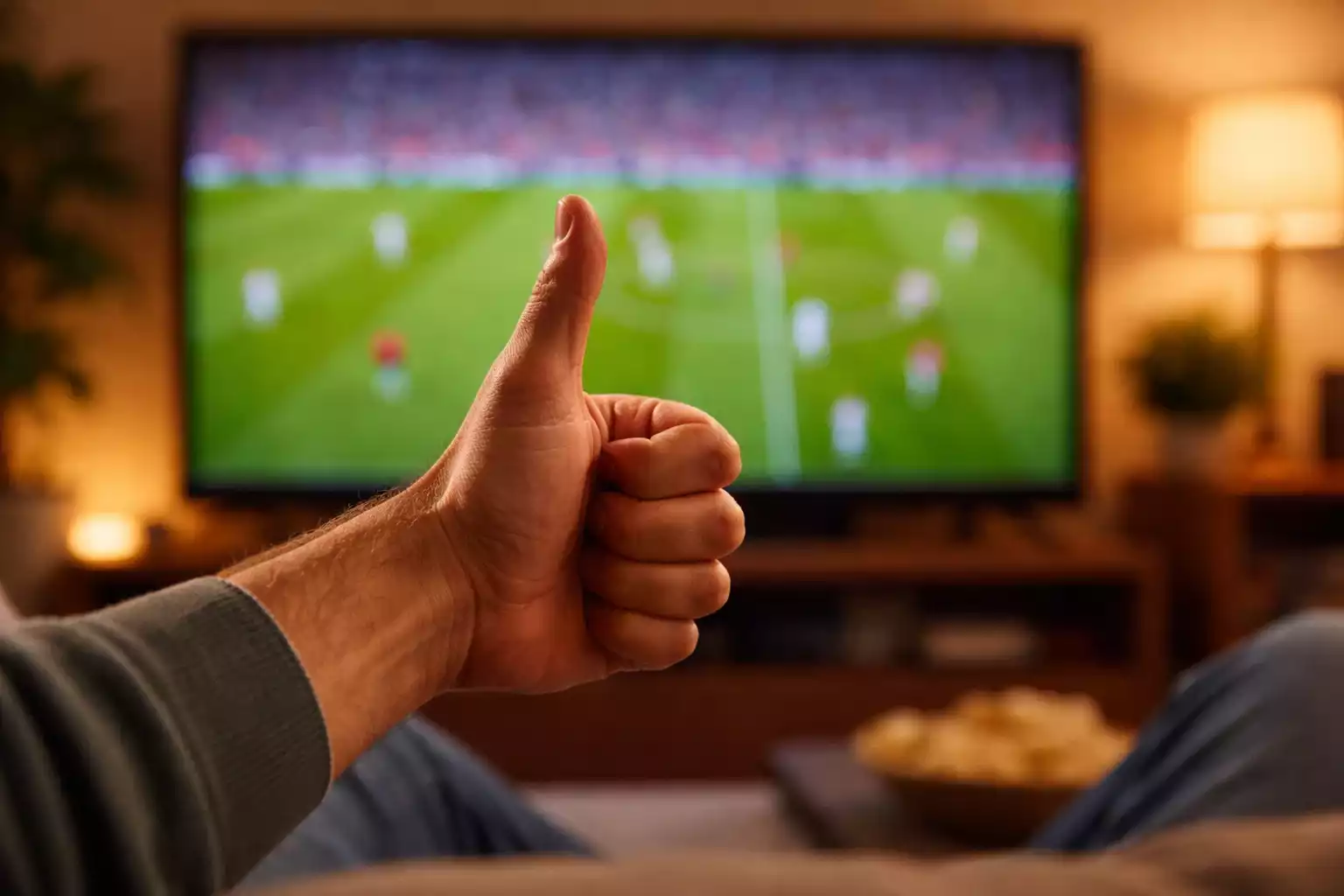 Hand die duim omhoog geeft bij het kijken naar voetbal
