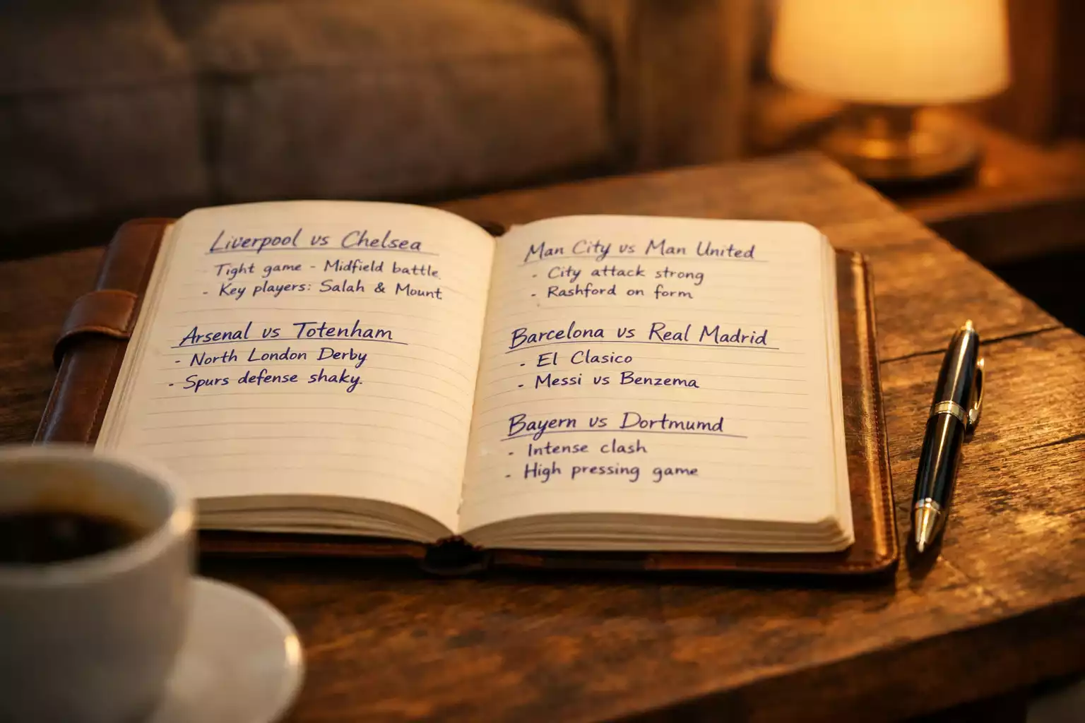 Notitieboek met meerdere voetbalwedstrijden en aantekeningen