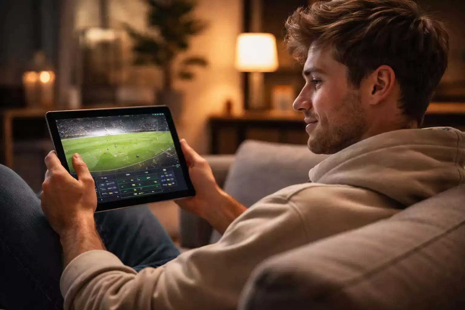 Supporter die voetbalwedstrijd bekijkt op tablet met statistieken