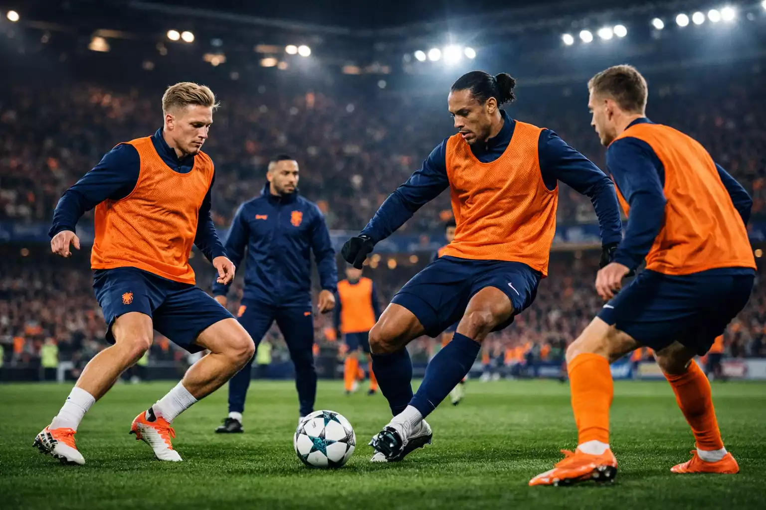 Nederlandse voetballers in actie tijdens een Europese wedstrijd