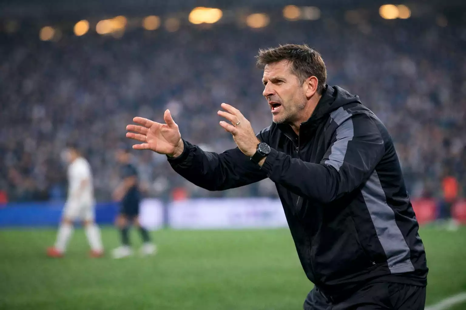 Voetbalcoach die tactische aanwijzingen geeft langs het veld