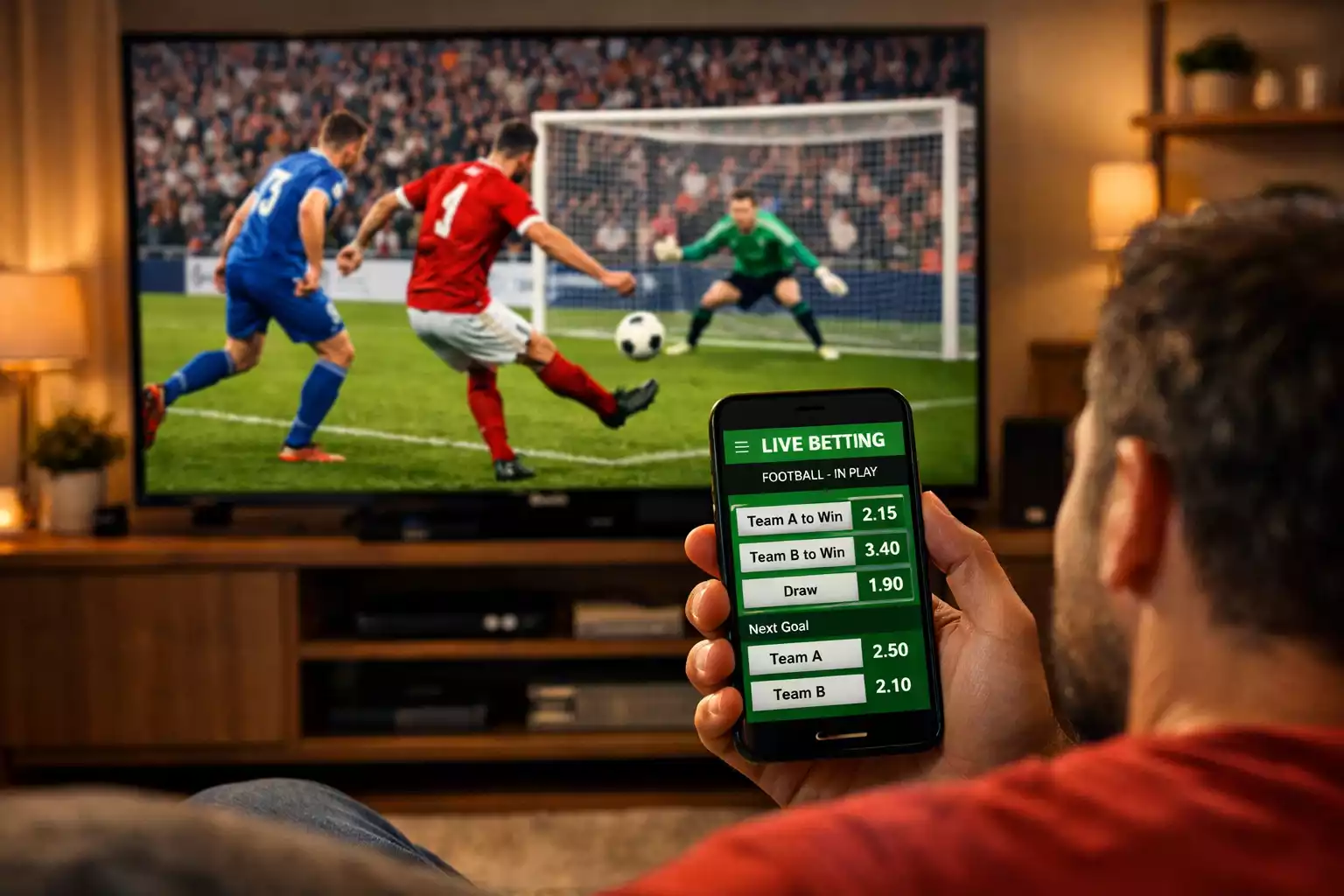 Supporter kijkt voetbalwedstrijd en volgt live weddenschappen op smartphone