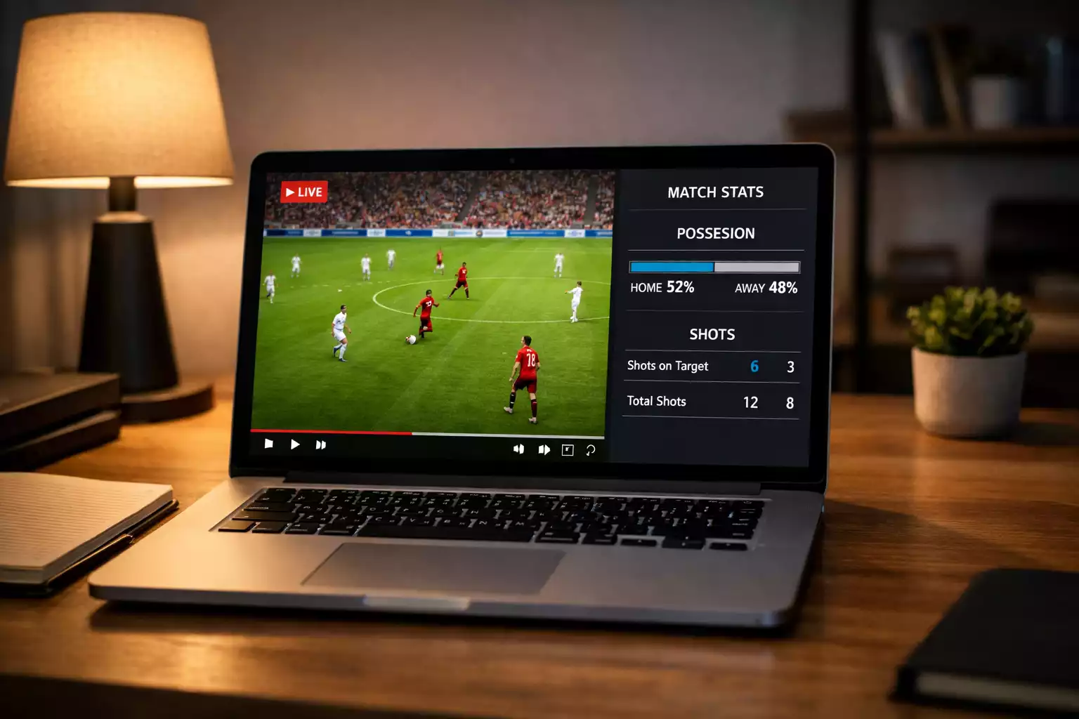 Laptop met live voetbalstream en statistiekenpaneel