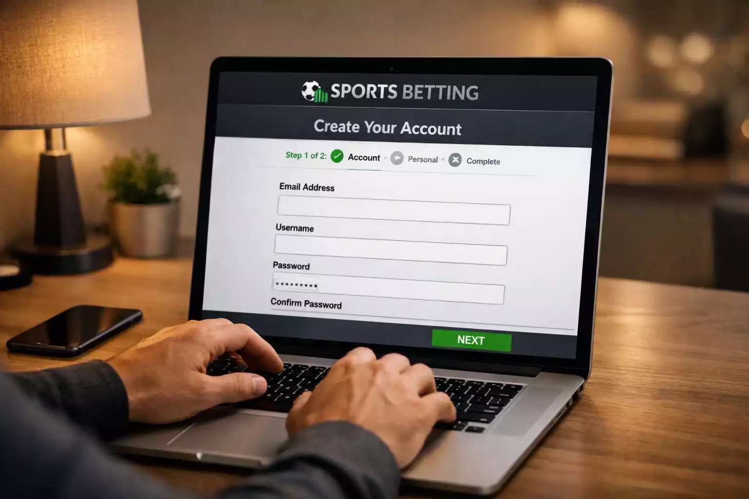 Persoon registreert account op laptop voor online sportweddenschappen