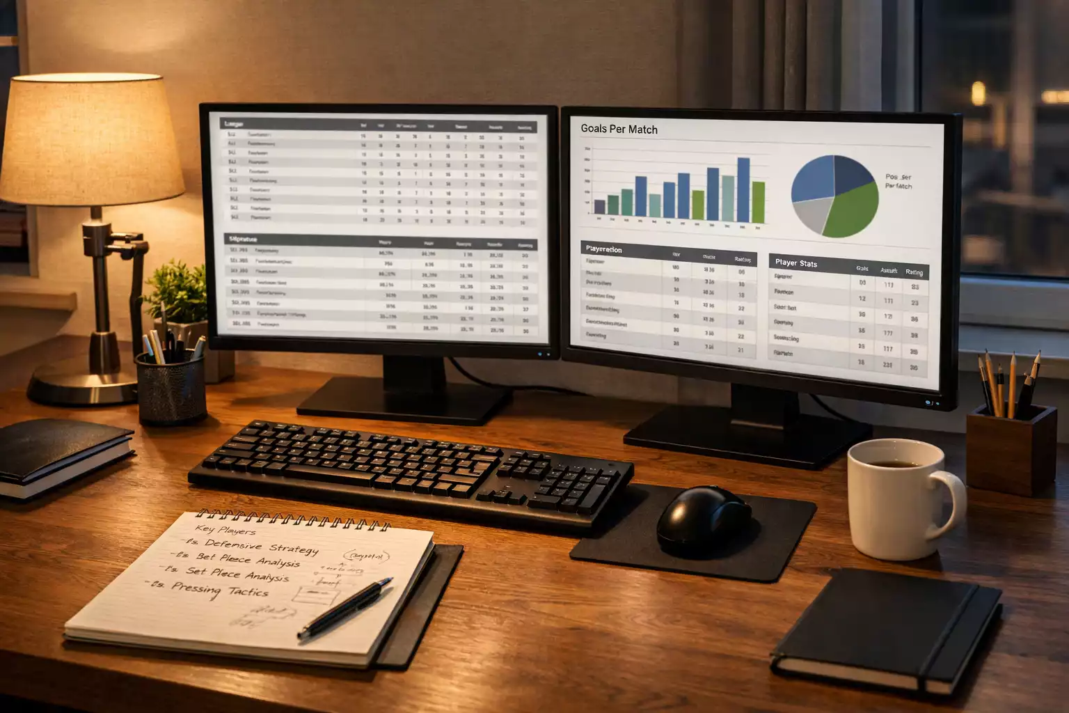 Bureau met meerdere schermen die voetbaldata tonen