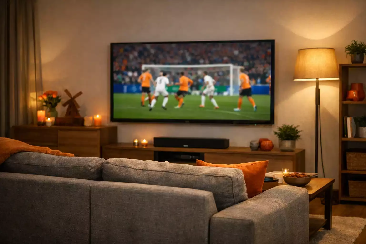 Moderne woonkamer met televisie waarop voetbal te zien is
