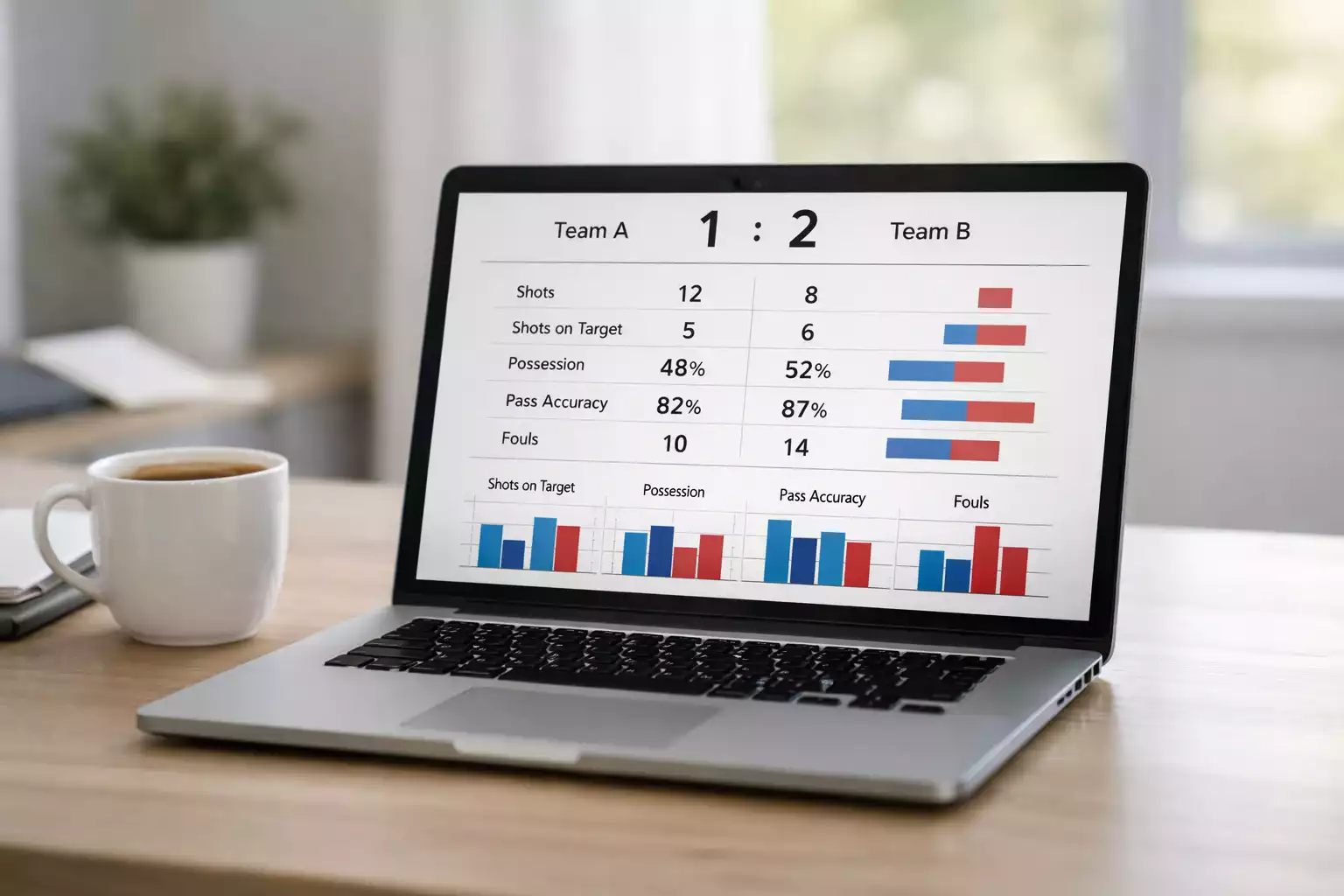 Laptop met voetbalstatistieken en grafieken op het scherm