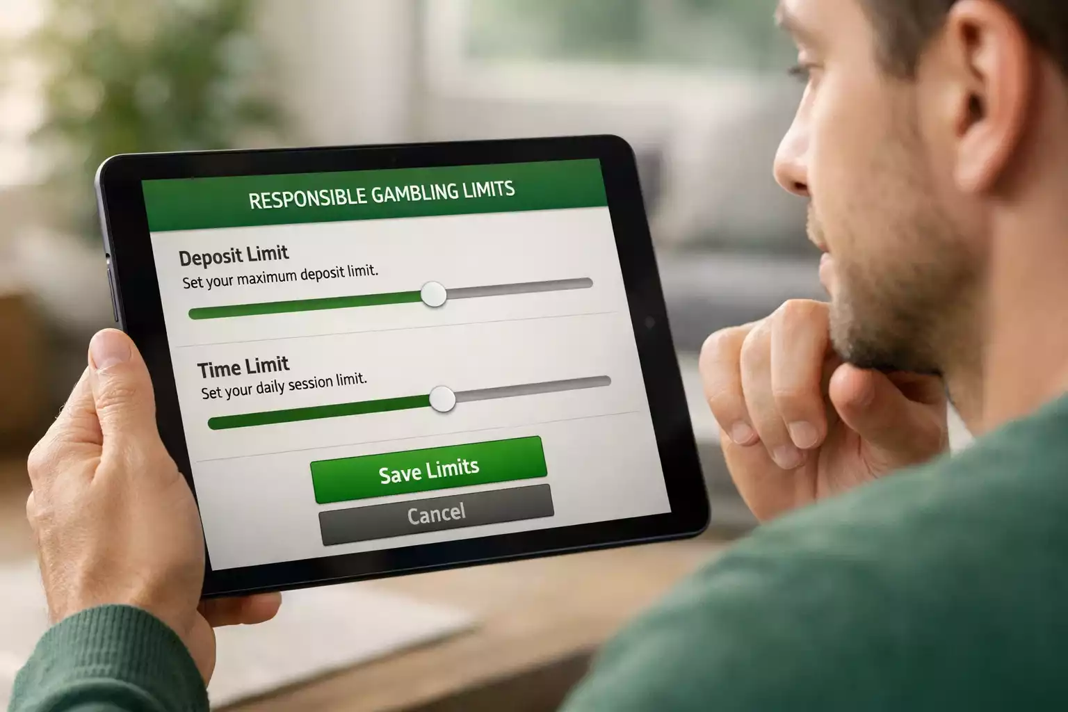 Persoon stelt speellimieten in via de instellingen van een bookmaker app