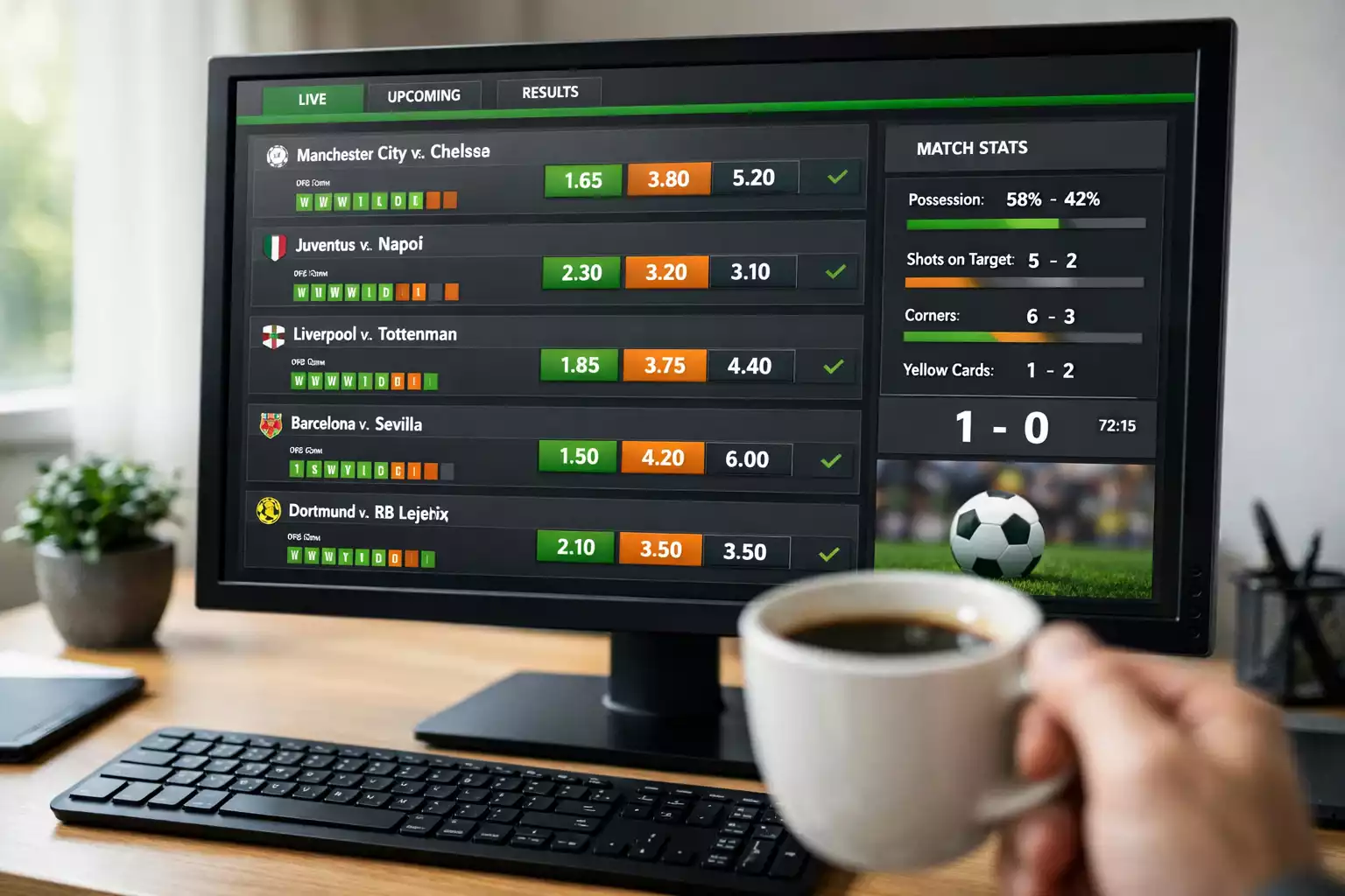 Overzicht met wedstrijdstatistieken en quoteringen op een scherm