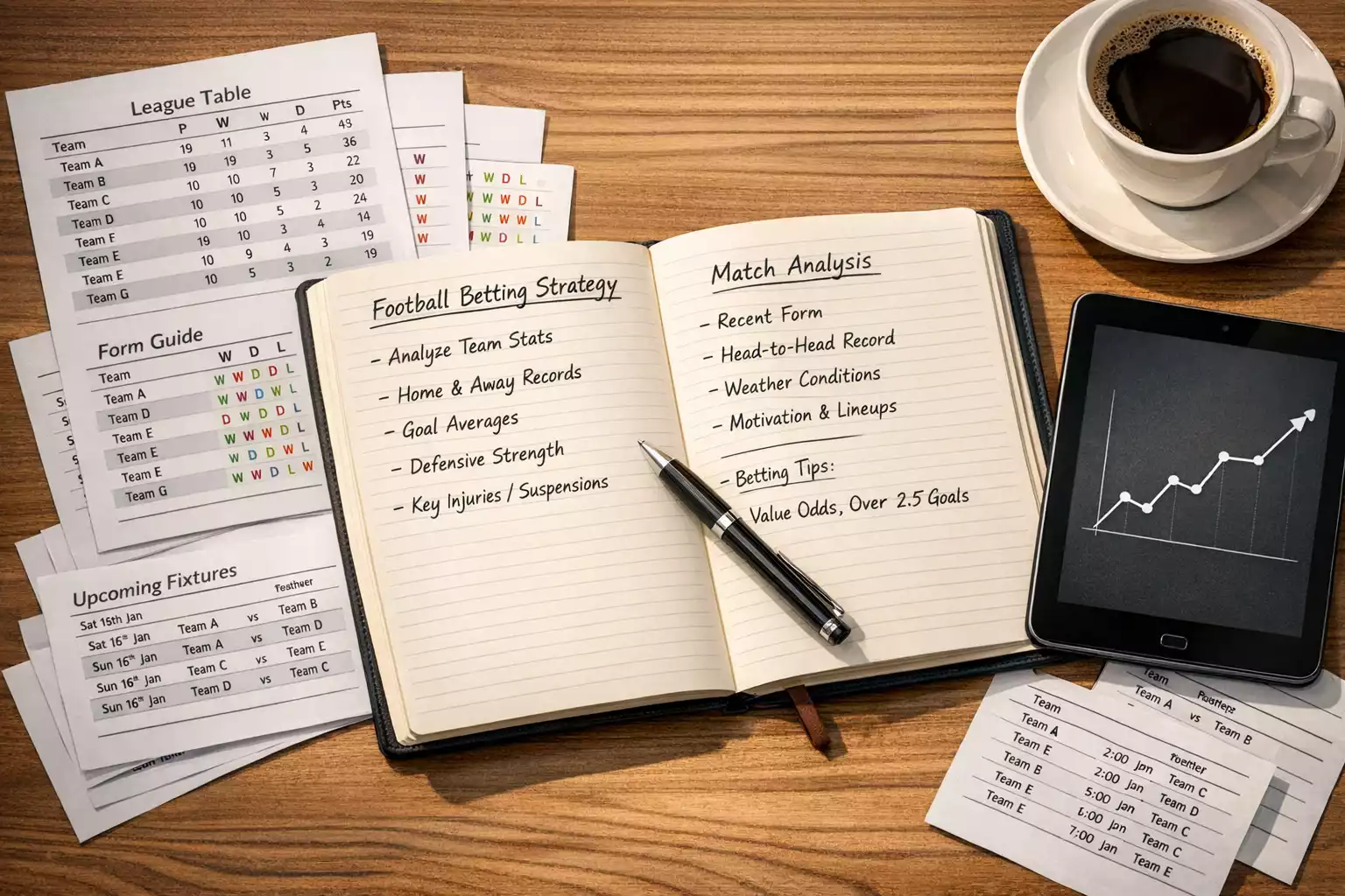 Notitieblok met wedstrategie en statistische analyse van voetbalteams