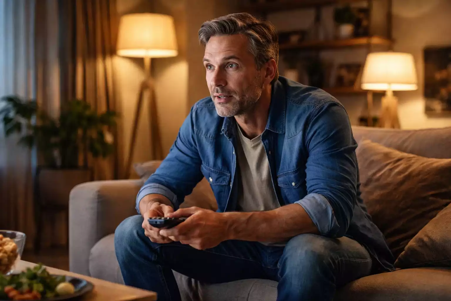 Supporter die geconcentreerd naar voetbalwedstrijd kijkt op televisie