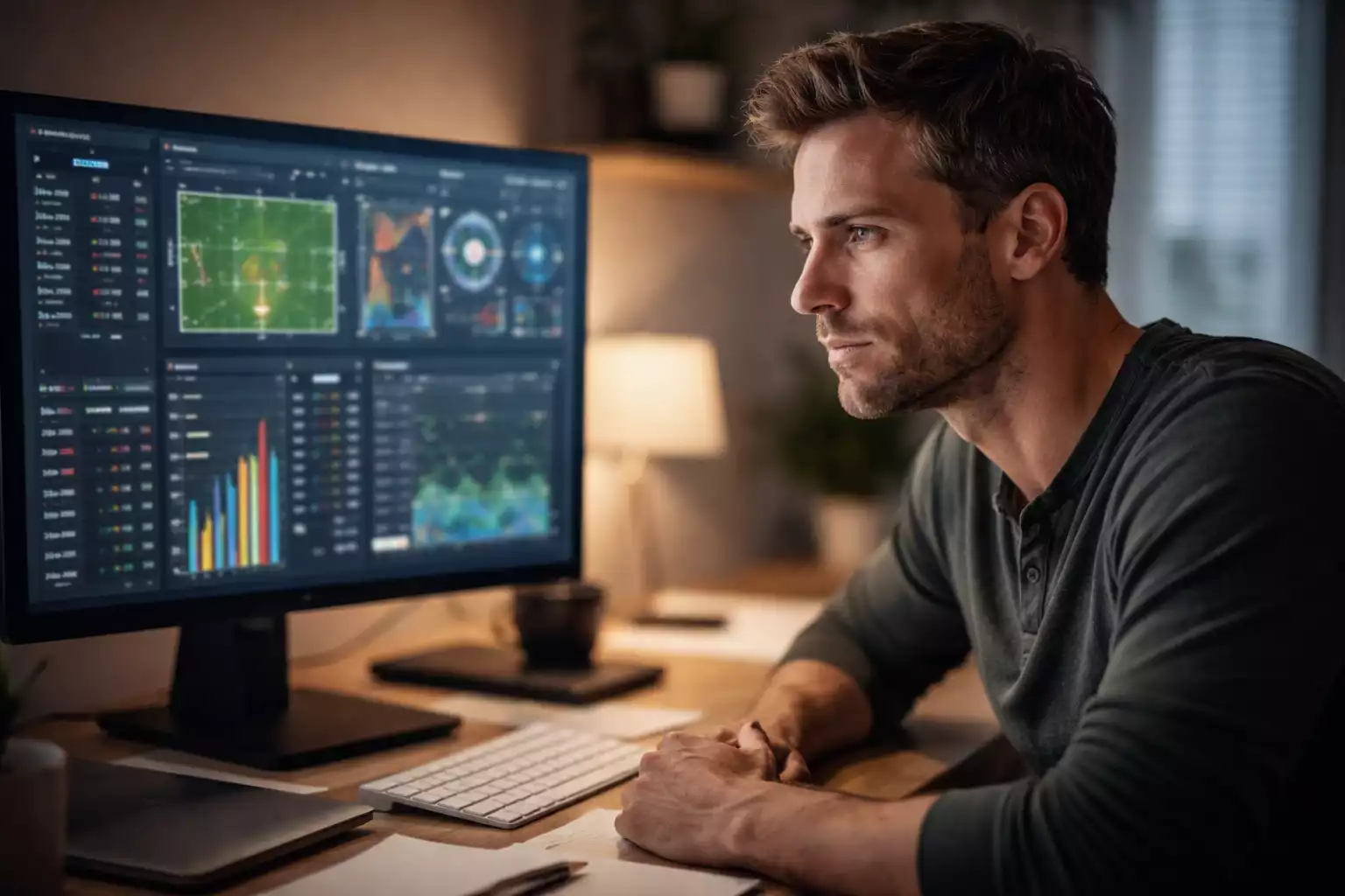 Persoon die gefocust naar voetbalstatistieken kijkt op computerscherm