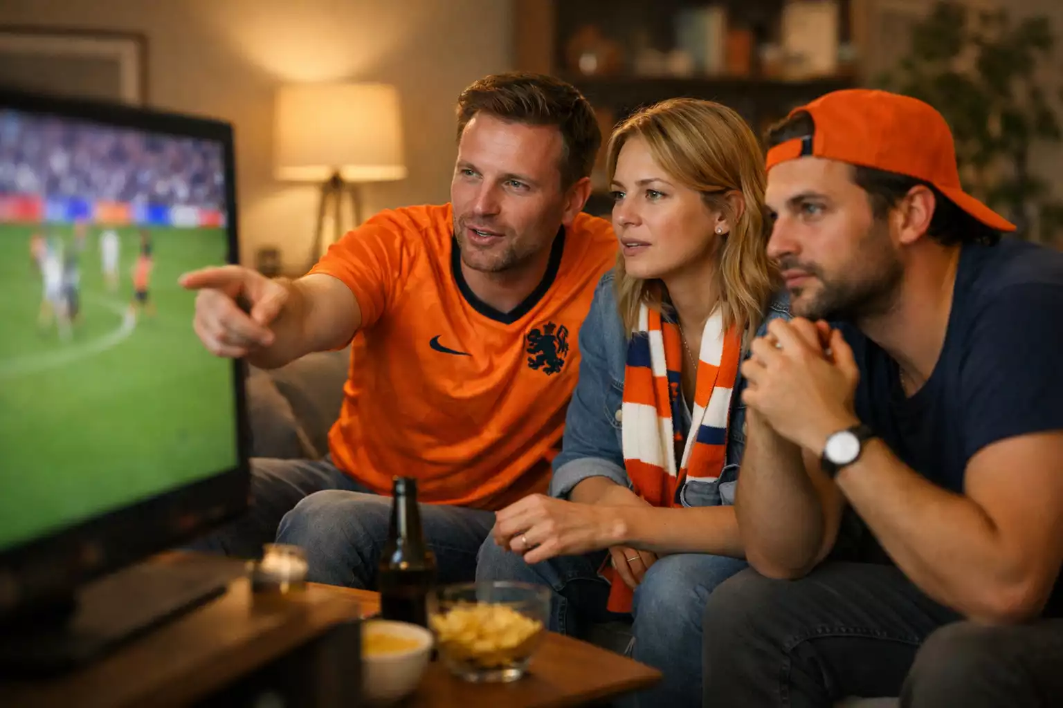 Groep voetbalsupporters die aandachtig een wedstrijd volgen